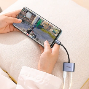 Adapter UGREEN CM231 USB-C (męski) - USB-C PD QC (żeński) + mini jack 3,5mm (żeński) szary