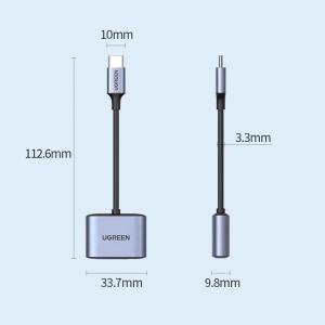 Adapter UGREEN CM231 USB-C (męski) - USB-C PD QC (żeński) + mini jack 3,5mm (żeński) szary