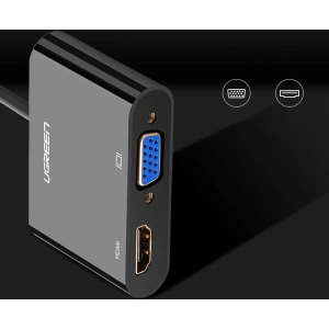 Adapter konwerter UGREEN CM101 mini HDMI (męski) - VGA (żeński) / HDMI (żeński) + mini jack 3,5mm (żeński) czarny