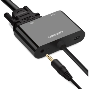 Adapter konwerter UGREEN CM101 mini HDMI (męski) - VGA (żeński) / HDMI (żeński) + mini jack 3,5mm (żeński) czarny