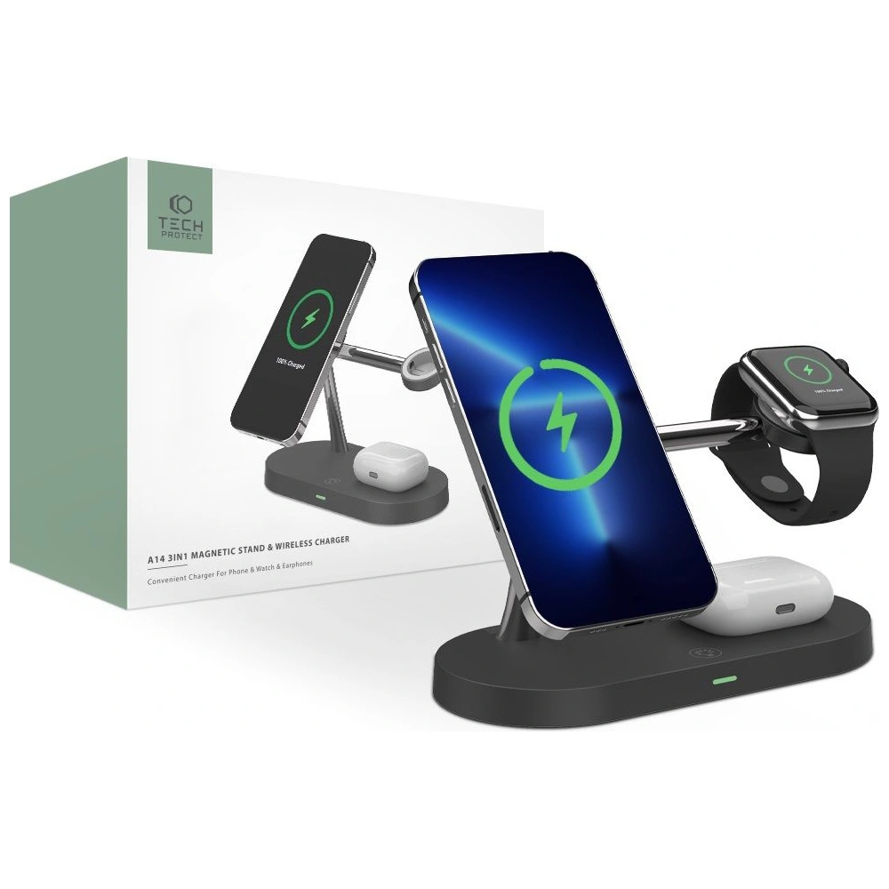 Ładowarka bezprzewodowa MagSafe Tech-Protect A14 3in1 Magnetic Wireless Charger Black