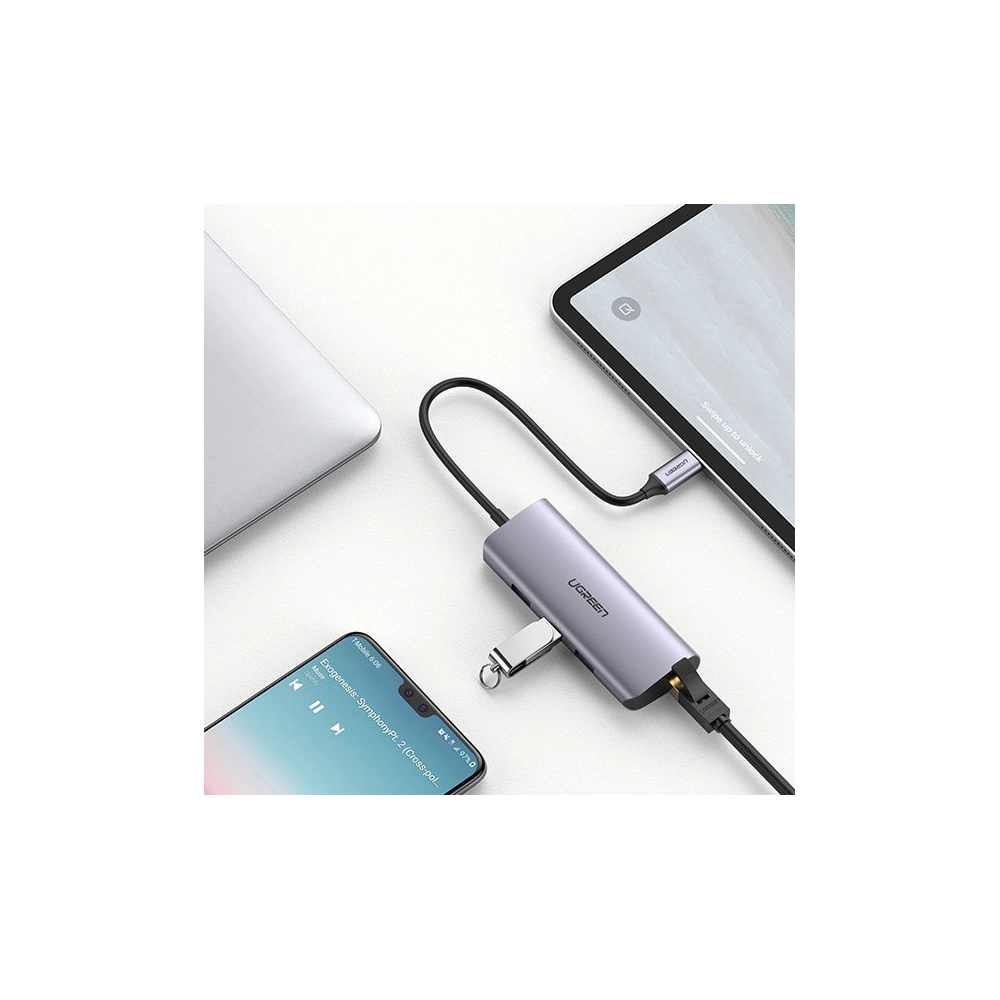 Adapter HUB UGREEN CM252 USB- C - 3 x USB / Ethernet RJ-45 / microUSB szary