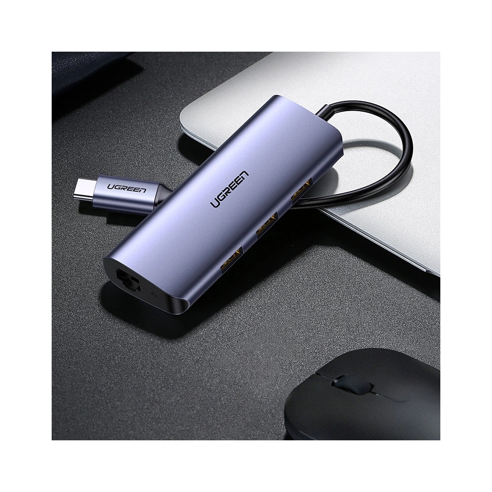Adapter HUB UGREEN CM252 USB- C - 3 x USB / Ethernet RJ-45 / microUSB szary