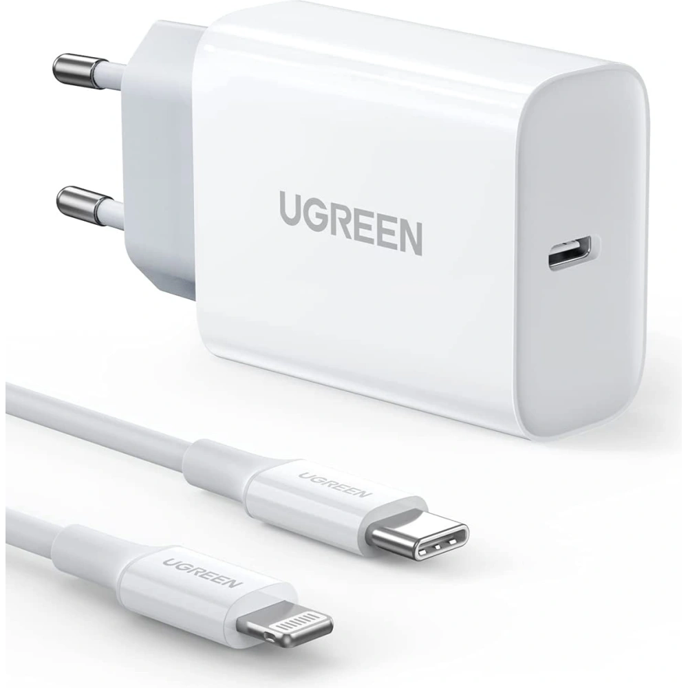 Ładowarka sieciowa UGREEN USB-C Power Delivery 20W + kabel USB-C - Lightning MFI biały