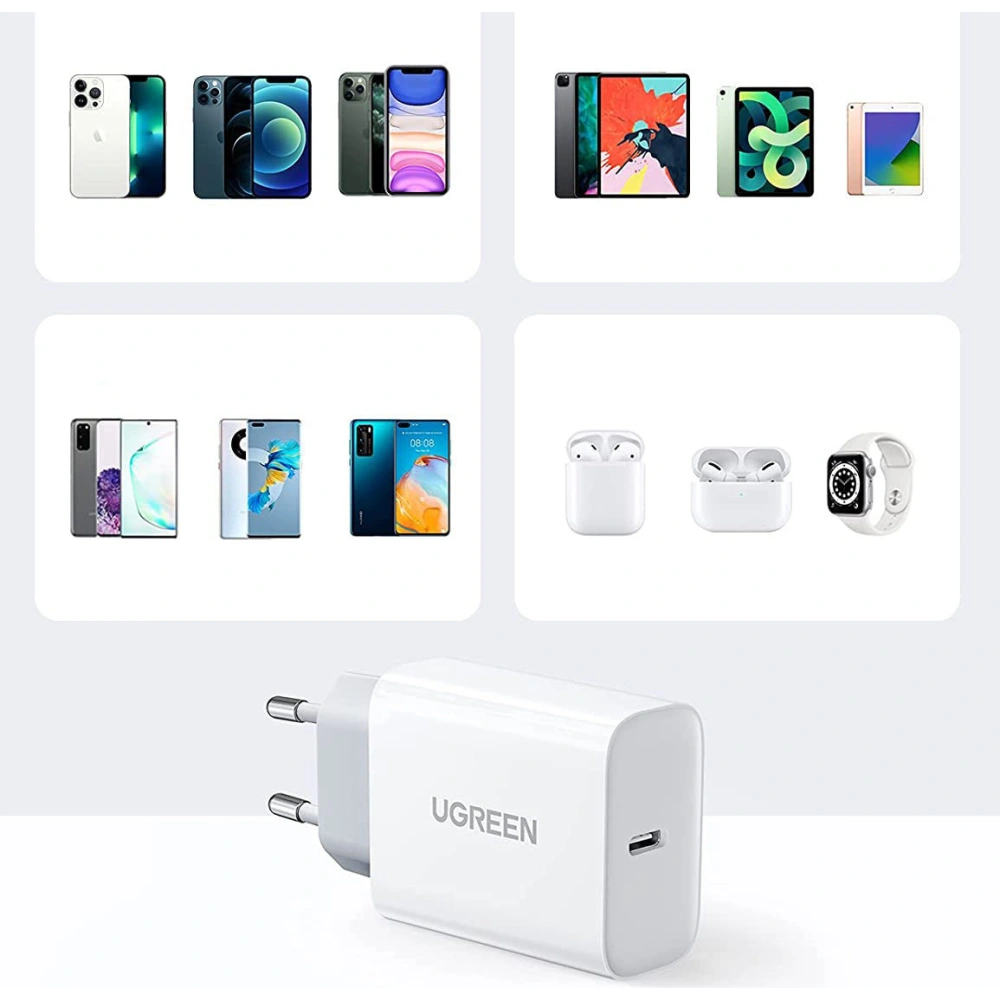 Ładowarka sieciowa UGREEN USB-C Power Delivery 20W + kabel USB-C - Lightning MFI biały