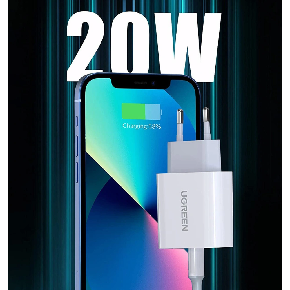 Ładowarka sieciowa UGREEN USB-C Power Delivery 20W + kabel USB-C - Lightning MFI biały