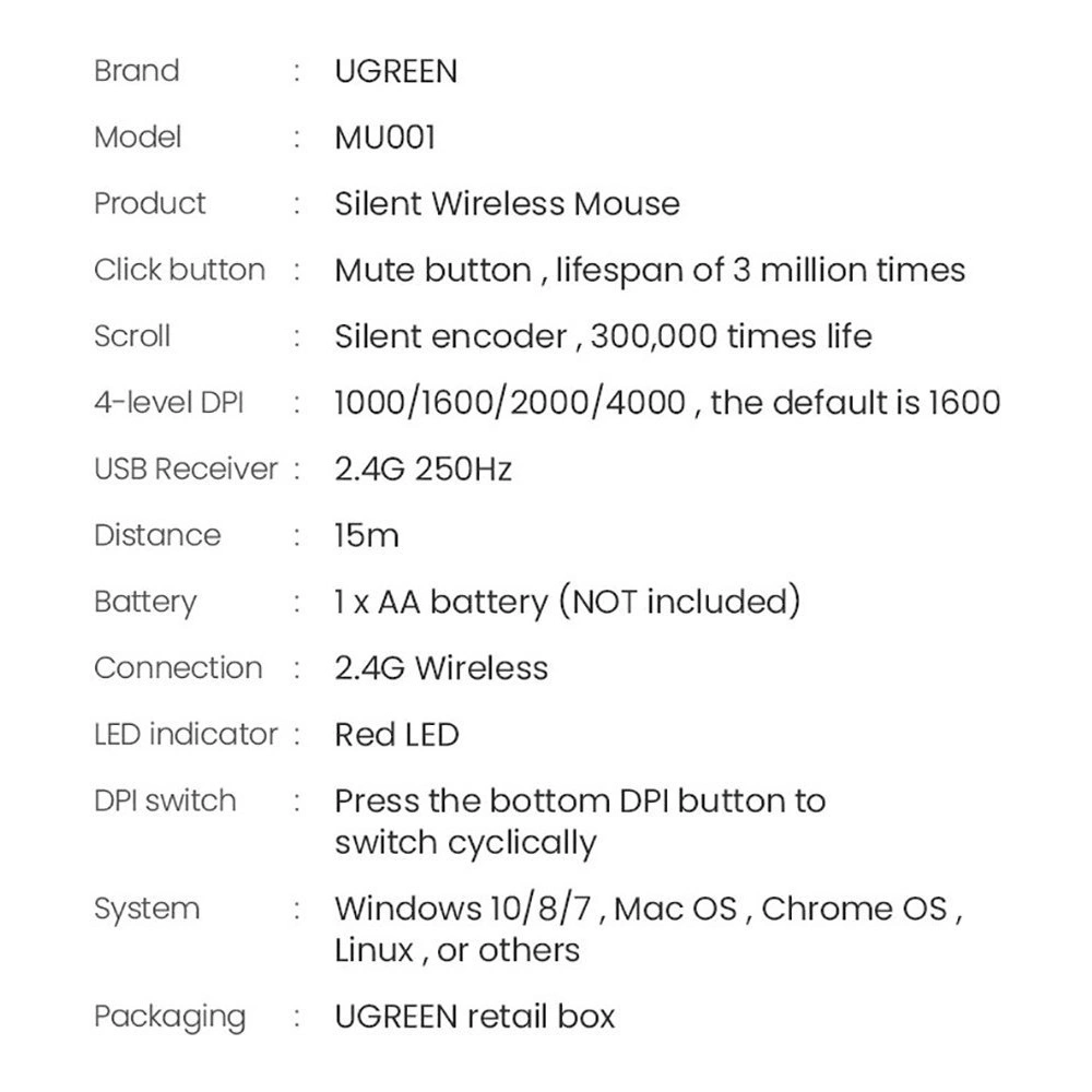 Mysz bezprzewodowa UGREEN MU001 USB czarny