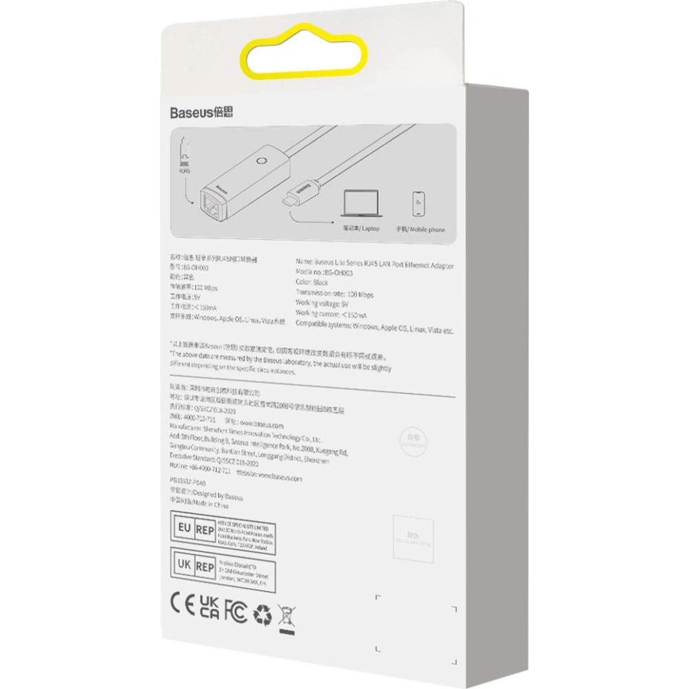 Adapter Baseus Lite Series USB-C - RJ45 gniazdo LAN 100Mbps czarny