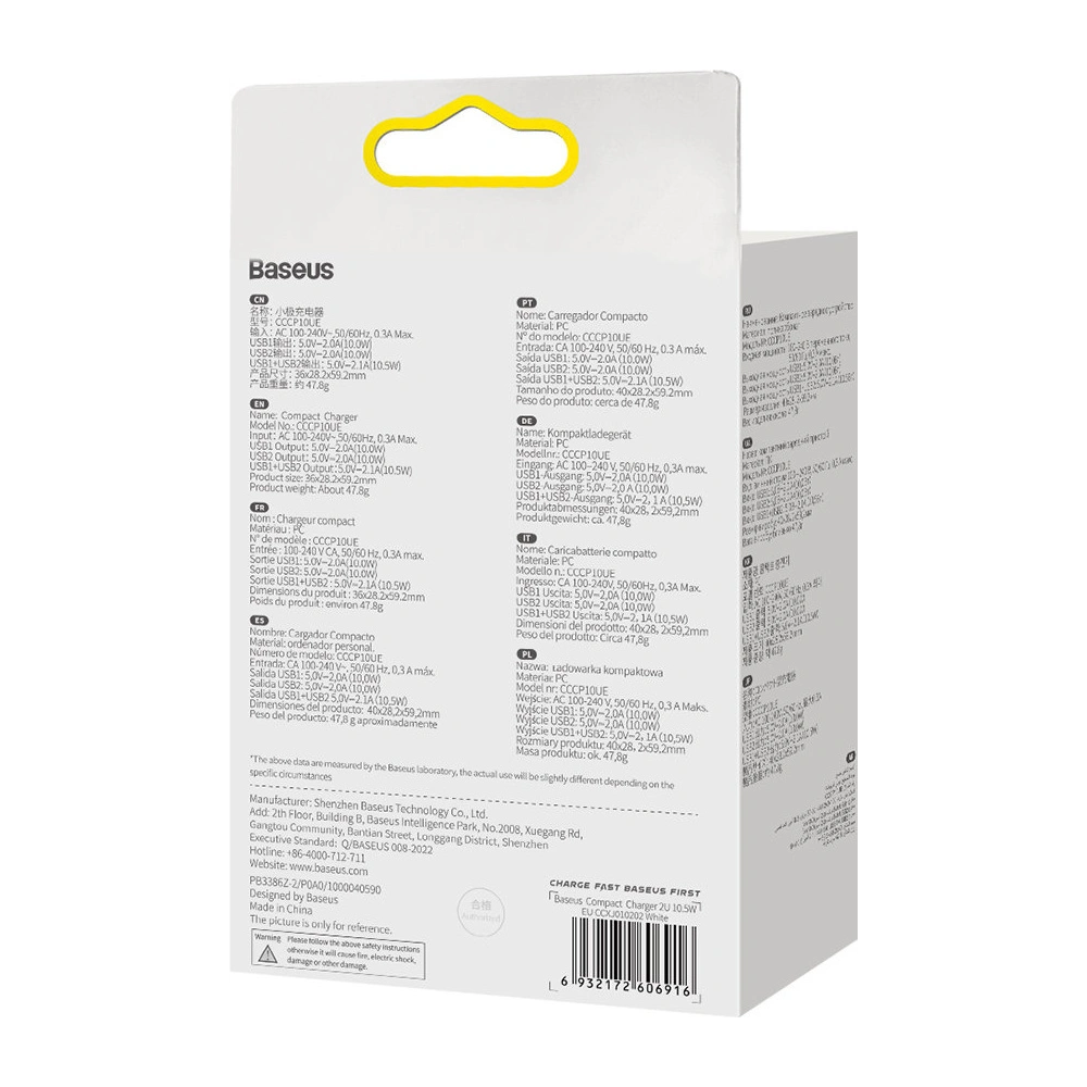 Ładowarka sieciowa Baseus Compact 2xUSB-A 10.5W biały