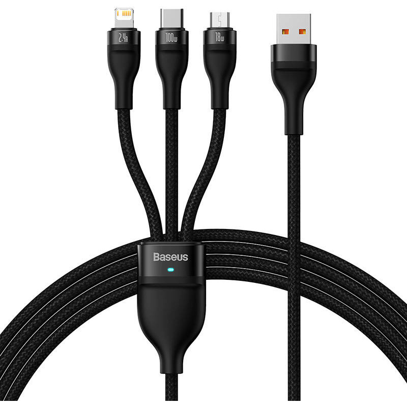 Kabel Baseus Flash Series 3w1 USB-A - USB-C + micro USB + Lightning 100W 1.2m (czarny)