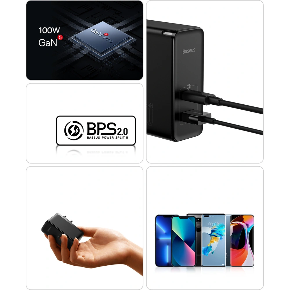 Ładowarka sieciowa Baseus GaN5 Pro USB-C/USB 100W PD 3.0 QC4 .0+ AFC biały