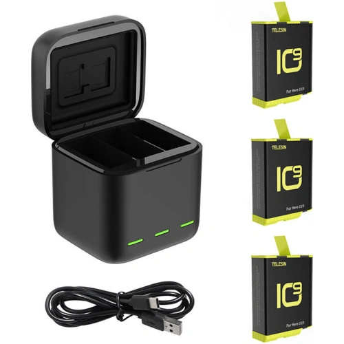Kup Trojkanálová nabíječka Box Telesin pro GoPro Hero 9 / Hero 10 + 3 akumulátory (GP-BNC-902-B) - TLS093 - {ean13} - Sklep Home Screen