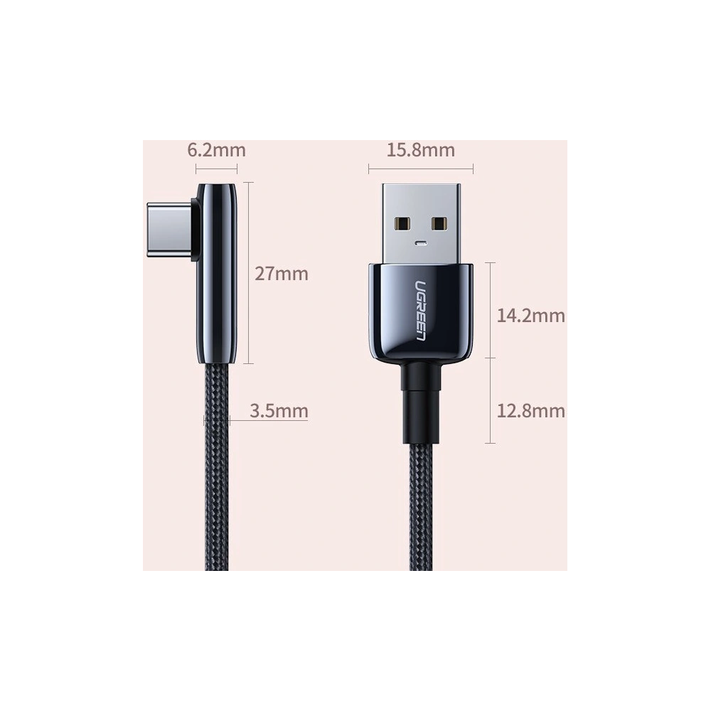 Kątowy kabel UGREEN US313 USB-A - USB-C QC 3.0 SCP FCP 5A 0,5m czarny