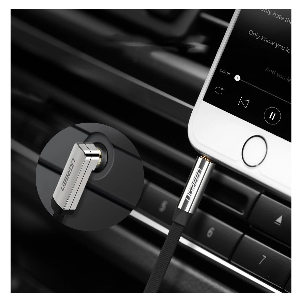 Kątowy płaski kabel UGREEN AV119 audio AUX 3,5mm mini jack 0,5m czarny