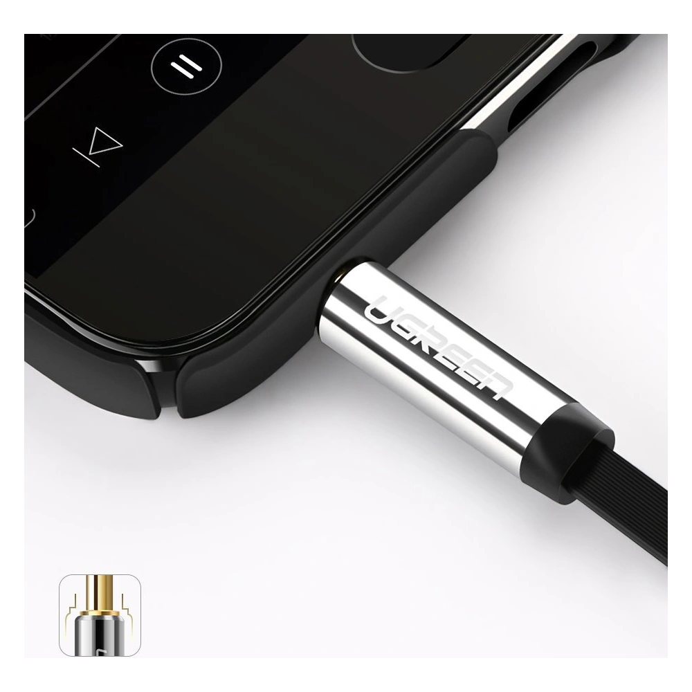 Kątowy płaski kabel UGREEN AV119 audio AUX 3,5mm mini jack 0,5m czarny