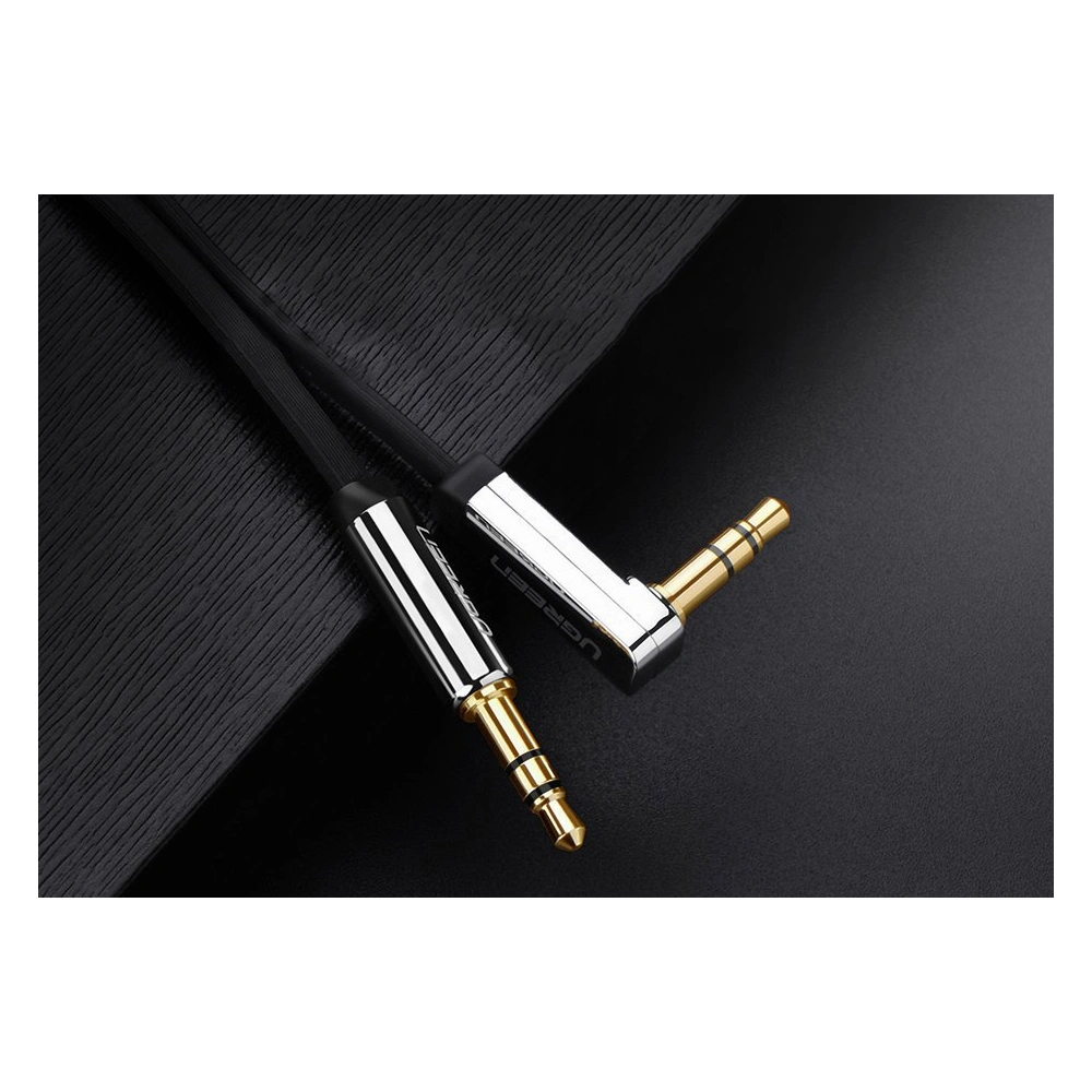 Kątowy płaski kabel UGREEN AV119 audio AUX 3,5mm mini jack 0,5m czarny