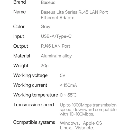 Kup Adapter Baseus Lite Series USB-C - RJ45 1000Mbps czarny - BSU3463BLK - {ean13} - Sklep Home Screen