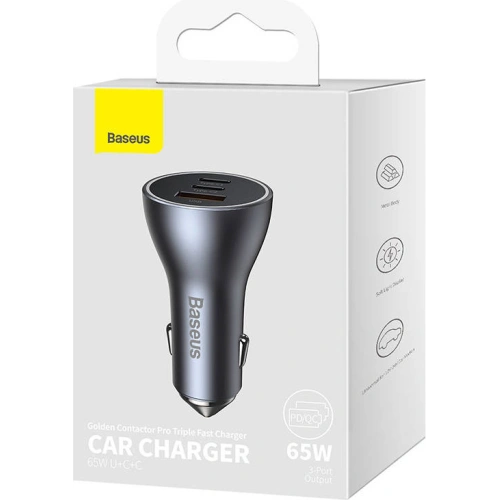 Kup Ładowarka samochodowa Baseus Golden Contactor Pro, 2x USB-C, 1x USB, 65W (szara) - BSU3499GRY - {ean13} - Sklep Home Screen