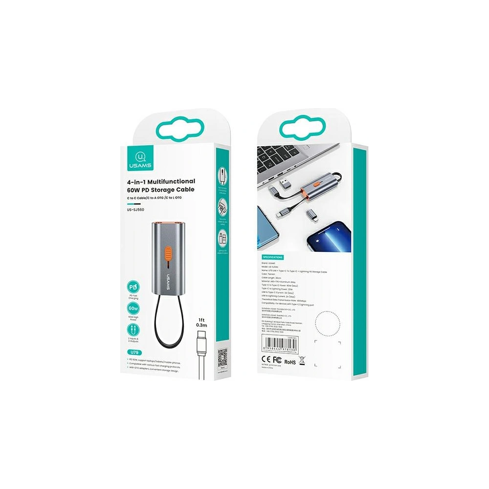 Adapter USAMS 4w1 2xUSB-C / USB-C na USB-A/ USB-C na Lightning 60W stalowy/steel SJ560USB01