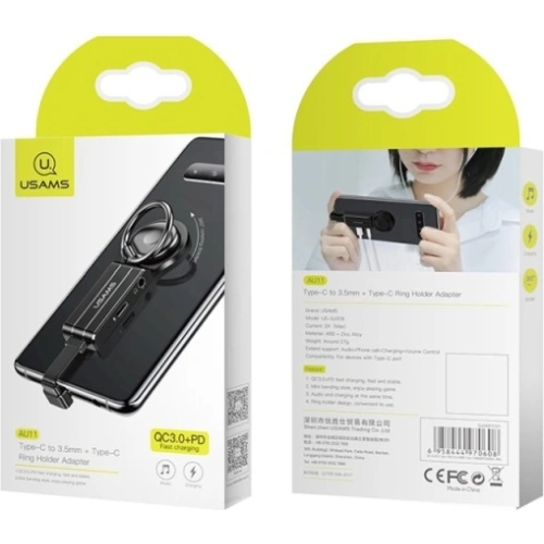 Kup Adapter USAMS AU11 2-in-1 USB-C - 3,5mm + USB-C + Ringhalter schwarz/black SJ359TC01 - USA009BLK - {ean13} - Sklep Home Screen