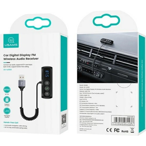 Adapter USAMS audio Bluetooth 5.0 zestaw głośnomówiący + transmiter FM czarny/black SJ503JSQ01
