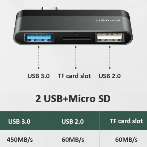 Kup Adapter USAMS USB-C Mini HUB 2xUSB + Micro SD grau SJ463HUB01 - USA034GRY - {ean13} - Sklep Home Screen