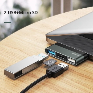 Kup Adapter USAMS USB-C Mini HUB 2xUSB + Micro SD grau SJ463HUB01 - USA034GRY - {ean13} - Sklep Home Screen