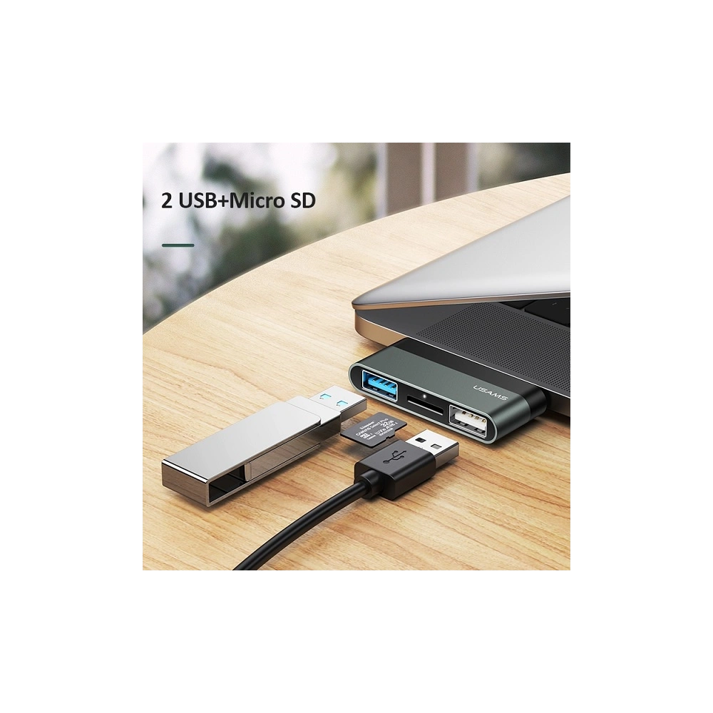 Adapter USAMS USB-C Mini HUB 2xUSB +Micro SD szary/grey SJ463HUB01