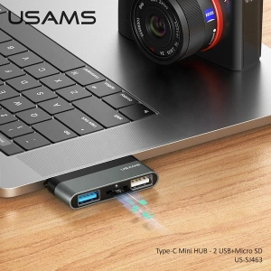 Kup Adapter USAMS USB-C Mini HUB 2xUSB + Micro SD grau SJ463HUB01 - USA034GRY - {ean13} - Sklep Home Screen