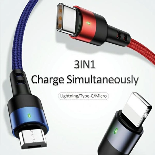 Kup Cablu împletit USAMS U26 3 în 1 1,5m 2A Încărcare rapidă (lightning/microUSB/USB-C) SJ318USB01 - USA266 - {ean13} - Sklep Home Screen