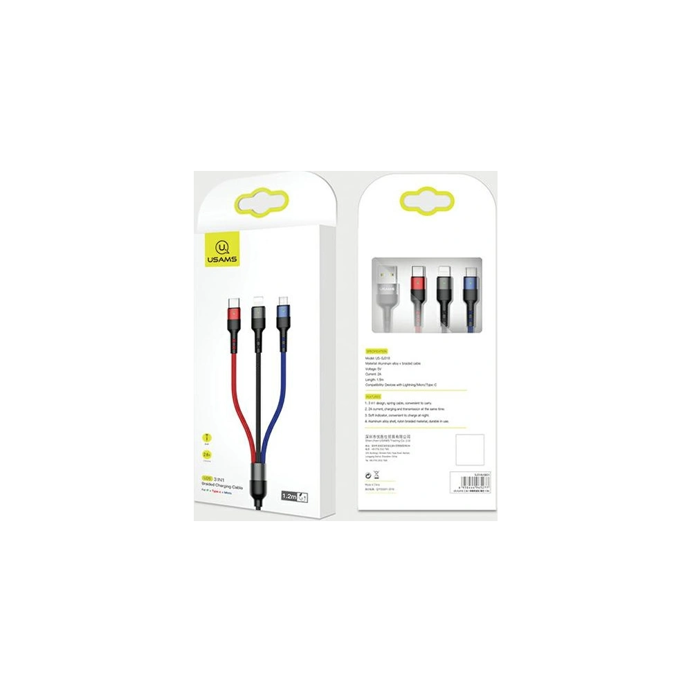 Kabel pleciony USAMS U26 3w1 1,5m 2A Fast Charge (lightning/microUSB/USB-C) SJ318USB01
