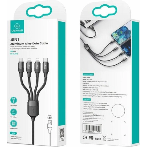 Buy USAMS Nylon Cable U73 4in1 1.2m 3A Fast Charge (2xLightning/microUSB/USB-C) SJ516USB01 (US-SJ516) - USA329 - {ean13} - Home Screen Store Europe