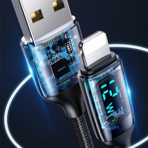 Kup Kabel împletit USAMS U78 lightning 1.2m LED 2.4A Încărcare rapidă argintiu negru SJ543USB02 - USA332SLVBLK - {ean13} - Sklep Home Screen