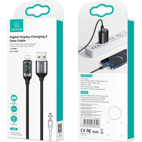 Kup Kabel împletit USAMS U78 lightning 1.2m LED 2.4A Încărcare rapidă argintiu negru SJ543USB02 - USA332SLVBLK - {ean13} - Sklep Home Screen