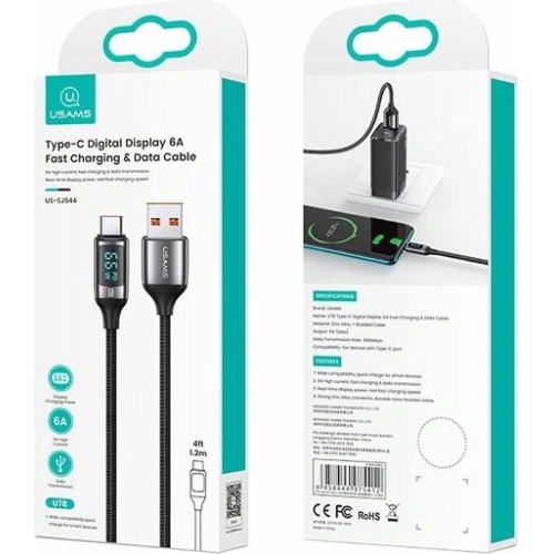 Kup Kábel fonott USAMS U78 USB-C 1.2m LED 6A Gyors Töltés fekete/black SJ544USB01 - USA334BLK - {ean13} - Sklep Home Screen