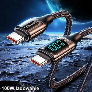 Kabel pleciony USAMS U78 USB-C na USB-C LED 1.2m 100W Fast Charging czarny/black SJ546USB01