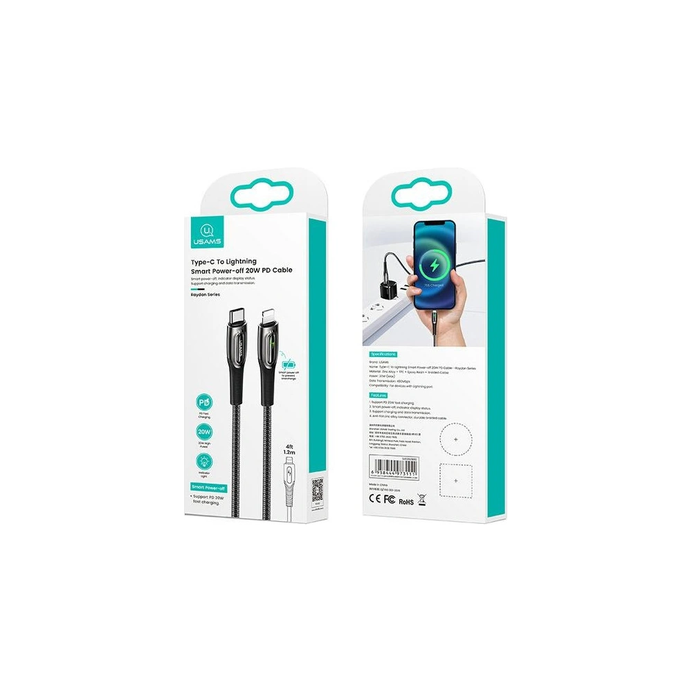 Kabel pleciony USAMS USB-C na Lightning Smart Power-off 20W PD Cable 1.2m czarny/black SJ518USB01