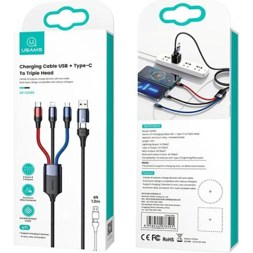 Kabel USAMS U71 3w1 1.2m 3A rychlé nabíjení černý/black (USB/USB-C na lightning/microUSB/USB-C) SJ549USB01