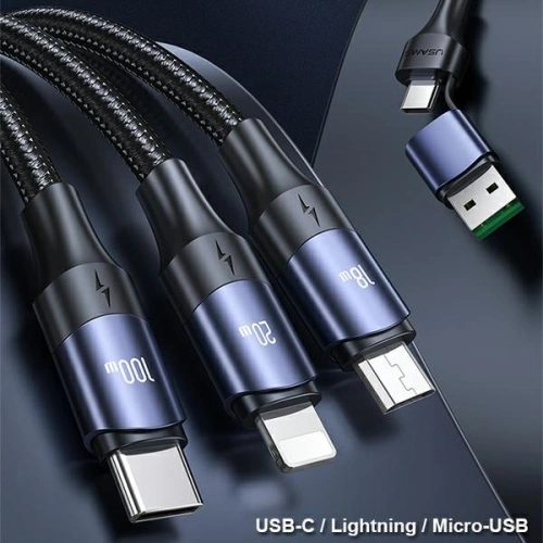 Buy USAMS Cable U71 3in1 1.2m 6A Fast Charge black (USB/USB-C - Lightning/microUSB/USB-C) SJ511USB01 (US-SJ511) - USA428BLK - {ean13} - Home Screen Store Europe