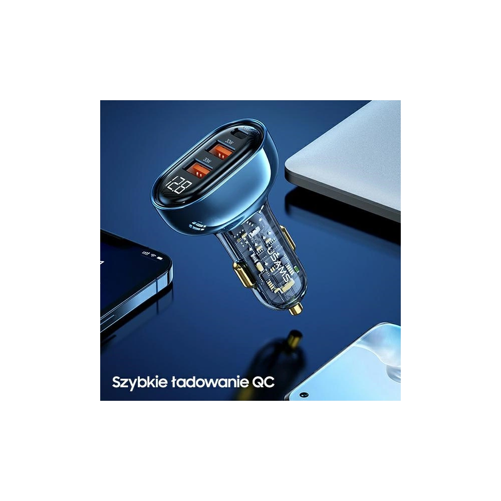 Ładowarka samochodowa USAMS 1xUSB-C 2xUSB-A 125W Fast Charge transparent black CC158CC01