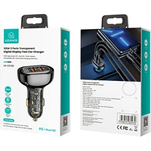 Kup Ładowarka samochodowa USAMS 1xUSB-C 2xUSB-A 125W Fast Charge transparent black CC158CC01 - USA486BLK - {ean13} - Sklep Home Screen