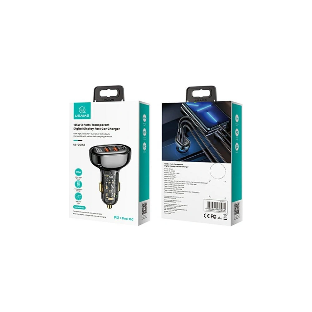 Ładowarka samochodowa USAMS 1xUSB-C 2xUSB-A 125W Fast Charge transparent black CC158CC01