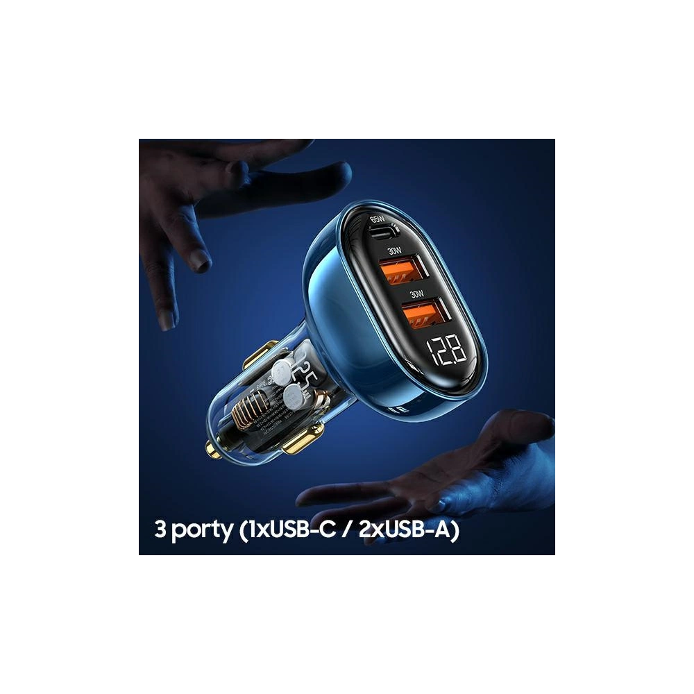 Ładowarka samochodowa USAMS 1xUSB-C 2xUSB-A 125W Fast Charge transparent blue CC158CC02