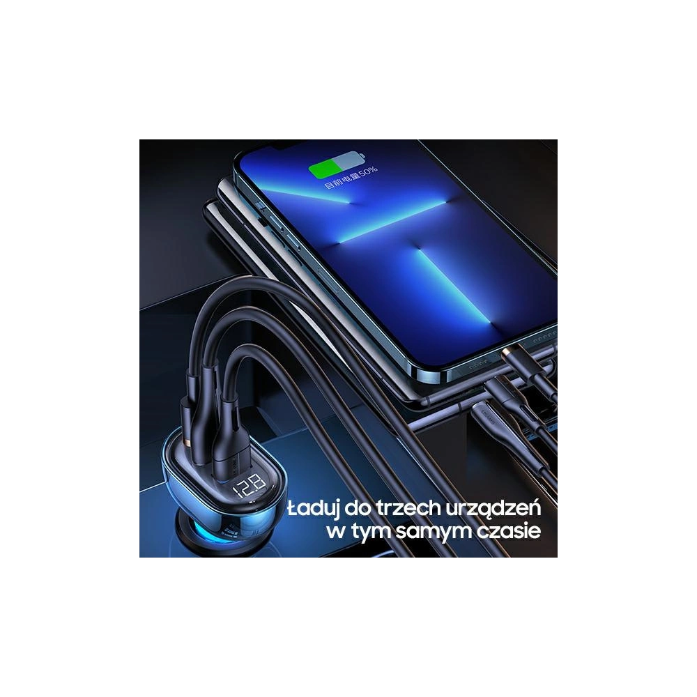 Ładowarka samochodowa USAMS 1xUSB-C 2xUSB-A 125W Fast Charge transparent blue CC158CC02