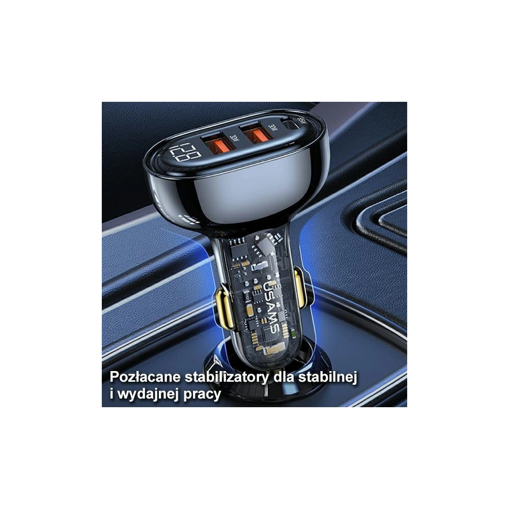 Ładowarka samochodowa USAMS 1xUSB-C 2xUSB-A 125W Fast Charge transparent blue CC158CC02