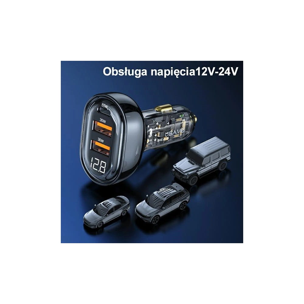 Ładowarka samochodowa USAMS 1xUSB-C 2xUSB-A 125W Fast Charge transparent blue CC158CC02