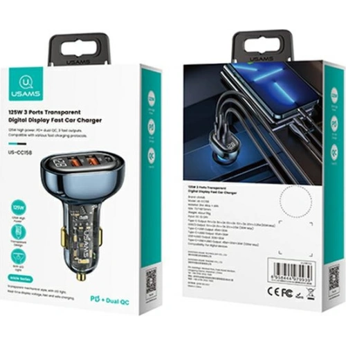 Kup Ładowarka samochodowa USAMS 1xUSB-C 2xUSB-A 125W Fast Charge transparent blue CC158CC02 - USA487BLU - {ean13} - Sklep Home Screen