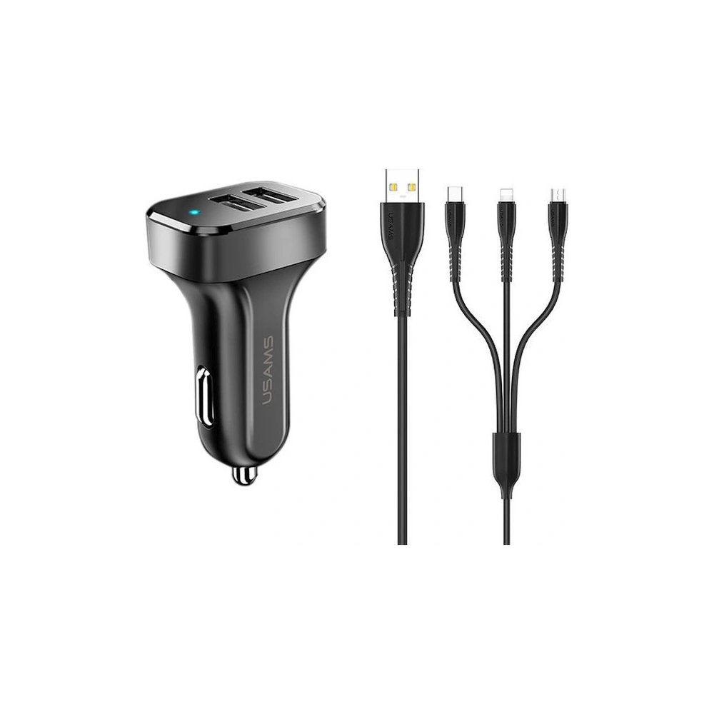 Ładowarka samochodowa USAMS C13 2xUSB 2,1A 3w1 (microUSB/USB-C/lightning) czarny/black NTU35YTSC13TZ
