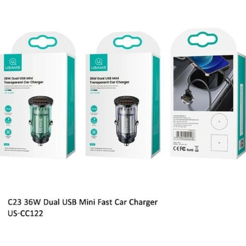 Kup Încărcător auto USAMS C23 2xUSB 36W Încărcare rapidă transparent albastru CC122CC02 - USA499BLU - {ean13} - Sklep Home Screen