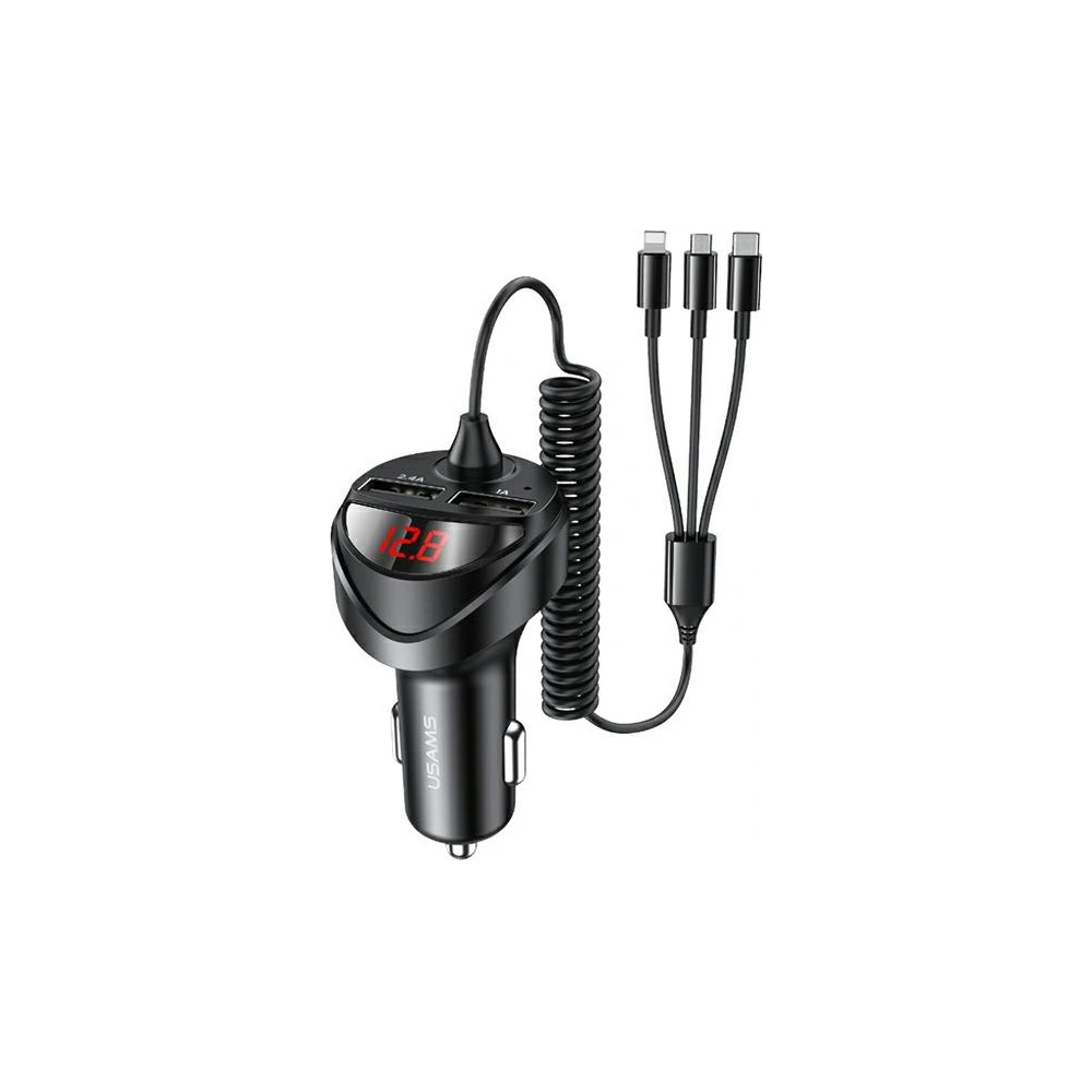 Ładowarka samochodowa USAMS C22 2xUSB+ kable 3w1 (lightning+microUSB+USB-C) czarny/black CC119TC01